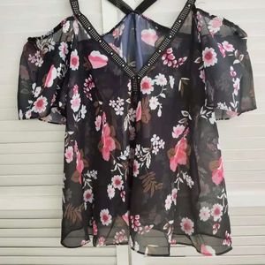 Chic Me-Cold Shoulder Studded Floral Print Top